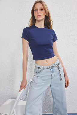 TRENDYOLMILLA Gri Melanj Interlok Fitted/Vucuda Oturan Esnek Orme T-Shirt TWOSS25TS00186  фото 2