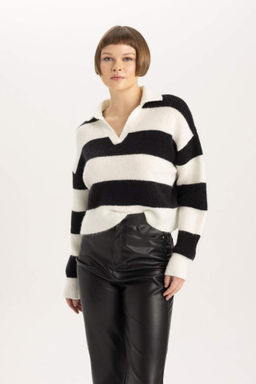 Relax Fit Polo Yaka Cizgili Selanik Kumas Triko Kazak - Defacto фото 2