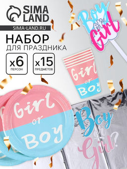 Посуда одноразовая бумажная для праздника Гендер Пати, на 6 персон, 14 предметов