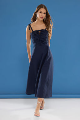 TRENDYOLMILLA Lacivert Duz A Kesim Fiyonk Detayl? Maxi Dokuma Elbise TWOSS25EL00144