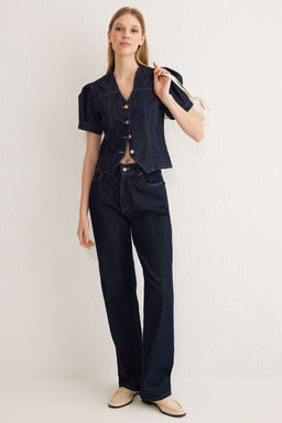 Trendyolmilla Koyu Mavi K?sa Balon Kollu V Yaka Denim Bluz TWOSS25BZ00000 фото 2