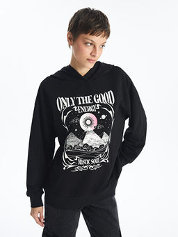 Bask?l? Uzun Kollu Oversize Kad?n Kal?n Hoodie