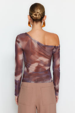 Kahverengi Tul Fitted/Vucuda Oturan Astarl? Asimetrik Yaka Orme Bluz TWOAW24BZ00051