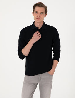 Siyah Slim Fit K_vr_lmaz Polo Yaka Basic Pike Sweatshirt