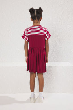 Bordo K?z Cocuk Cizgili K?sa Kol Mini Orme Elbise TKDSS25EL00059 - Trendyolmilla фото 3