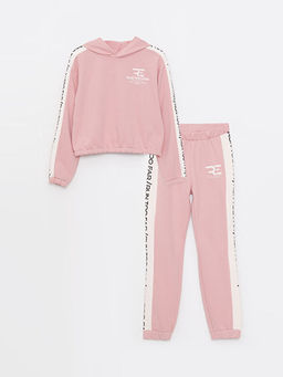 Kap??onlu Bask?l? Uzun Kollu K?z ?ocuk Sweatshirt ve E?ofman Alt?