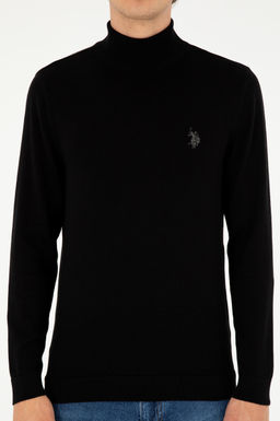 Erkek Slim Fit Yar_m Bo_azl_ Siyah Basic Kazak