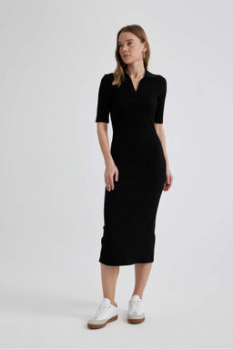 Bodycon Polo Yaka Vucuda Oturan Basic Duz Fitilli Kaskorse K?sa Kollu Midi Elbise - Defacto фото 2