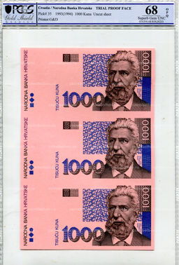 Банкнота 1000 куна 1993(1994) года Хорватия (в слабе PCGS Gem UNC 68) неразрезанный лист, пробный