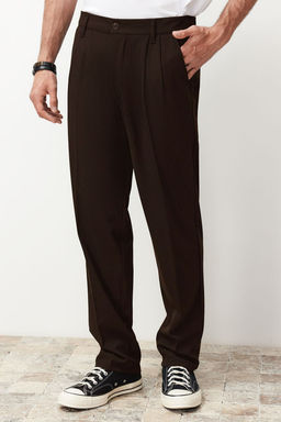 Kahverengi Pileli Klasik Baggy Fit Kumas Pantolon TMNSS24PL00024