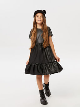 Bisiklet Yaka Basic K?sa Kollu Deri G?r?n?ml? K?z ?ocuk Elbise - Waikiki фото 2