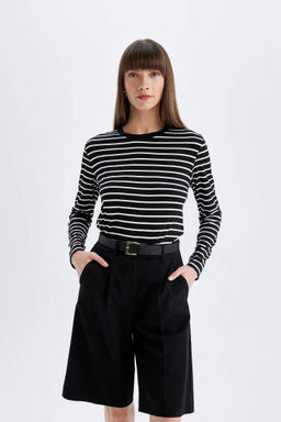 Женская повседневная полосатая футболка обычного кроя с круглым вырезом и длинными рукавами - Defacto фото 4