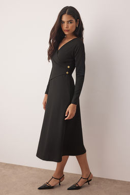 Siyah Duz Dugmeli Skater/Belden Ac?lan Midi Orme Elbise TWOAW26EL00058 - Trendyolmilla фото 2