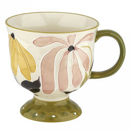 Кружка фарфоровая "Пробуждение" 500мл, д11,3см, h11,6см, на ножке, глянцевая фактурная глазурь, с деколью "Цветы", кремовый/зеленый, в коробке (Китай)