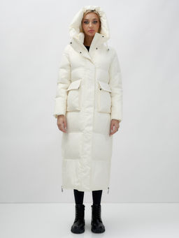 Пальто утепленное стеганное зимнее с капюшоном женское бежевого цвета 9602B - Mtforce фото 7