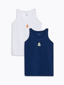 Bisiklet Yaka Bask?l? Pamuklu Erkek ?ocuk Atlet 2li