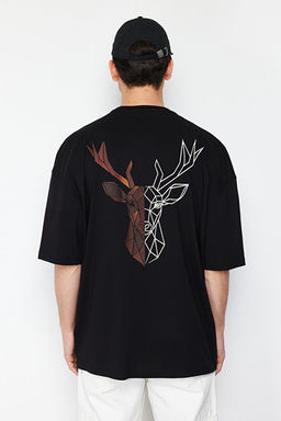 Siyah Oversize/Geni_ Kesim S_rt Geyik Bask_l_ %100 Pamuk T-Shirt TMNSS25TS00117