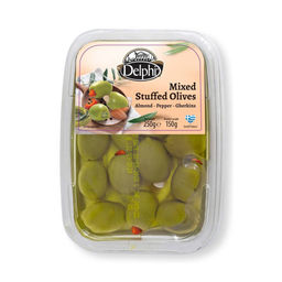 Ассорти из оливок, фаршированных миндалем, пастой из перца, корнишонами в рассоле 250г лоток
