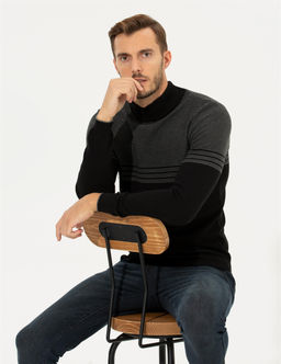 Siyah Slim Fit Yar_m Bal_k__ Yaka Triko Kazak