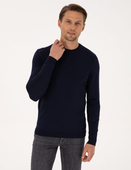 Lacivert Slim Fit Bisiklet Yaka Triko Kazak