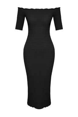 Siyah Duz Midi Dokulu Fitted/Vucuda Oturan Buzgulu Carmen Yaka Esnek Orme Elbise TWOSS25EL00067 - Trendyolmilla фото 7