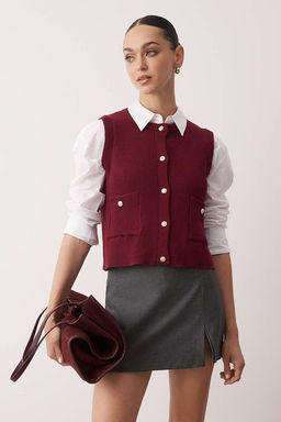 Bordo Pamuk Kar?s?ml? Crop/K?sa Yelek TWOAW26YE00009