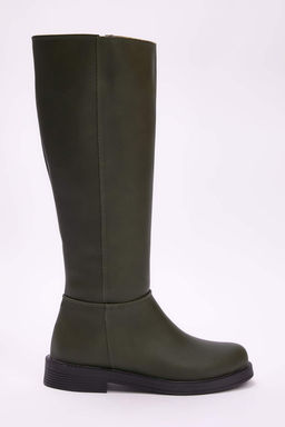 Haki Fermuarl? K?sa Kad?n 4 cm Duz Topuklu Cizme TAKAW25CZ00000