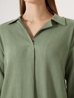 G?mlek Yaka Dokulu Oversize Kad?n Bluz