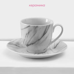 Набор посуды Доляна Мрамор, 24 предмета: тарелки d=19/21/24 см, чайная пара 200 мл, керамика, серый фото 2