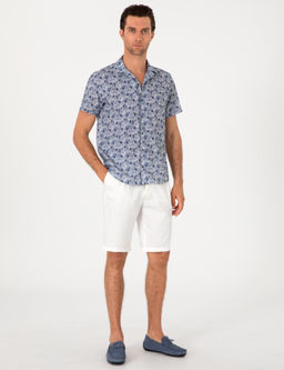 Lacivert Regular Fit Keten Kar___ml_ Desenli K_sa Kollu G_mlek - Cacharel фото 4