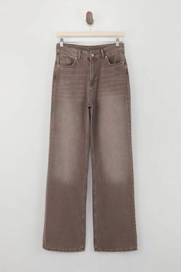 Ac?k Kahverengi DOKUMLU Vintage Y?kama Yuksek Bel %100 Pamuk Wide Leg Jeans TWOSS26JE00172