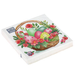 Салфетки бумажные Art Bouquet 33х33см, 3-х слойные, 20 штук в упаковке, 100% целлюлоза, Пасхальная корзина с цветами (Россия)