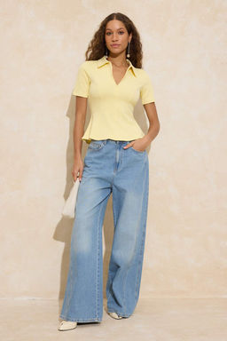 Sar? Peplum Polo Yaka Yar?m Pat Fermuar Truvakar Interlok Orme Bluz TWOSS26BZ00064 - Trendyolmilla фото 4