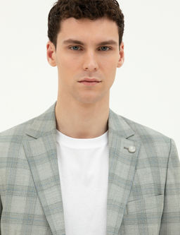 A__k Ye_il Slim Fit %100 Y_n Ekose Ceket
