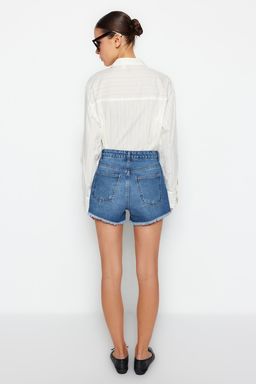 TRENDYOLMILLA Koyu Mavi Pacas? Y?rt?kl? Yuksek Bel Denim Sort TWOSS23SR00220  фото 5