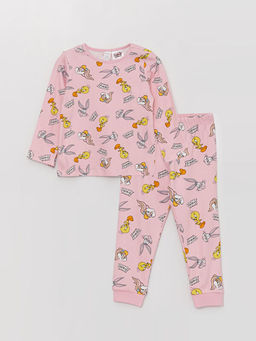 Bisiklet Yaka Uzun Kollu Looney Tunes Bask?l? K?z Bebek Pijama Tak?m?