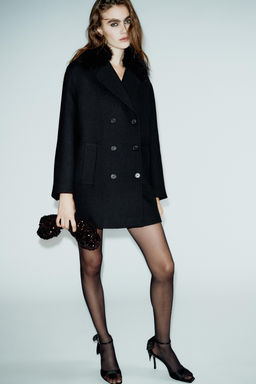 CROPPED WOOL COAT WITH FAUX FUR LAPEL