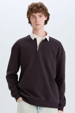 Boxy Fit Polo Yaka Basic Duz Sweatshirt