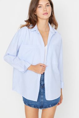 Mavi Cizgili Cep Detayl? Oversize/Genis Kal?p Dokuma Gomlek TWOAW23GO00359