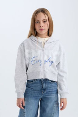 K?z Cocuk Bask?l? Kapusonlu Ici Yumusak Tuylu Fermuarl? Sweatshirt