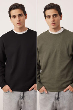 Siyah - Haki Yeni Oversize/Genis Kal?p 2li Paket Dokulu Waffle Sweatshirt TMNAW26SW00028