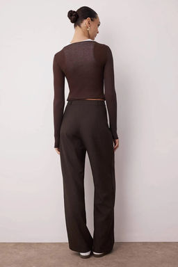 Koyu Kahverengi Wide Leg/Genis Paca Palazzo Pilili Dokuma Kumas Pantolon TWOAW22PL0475