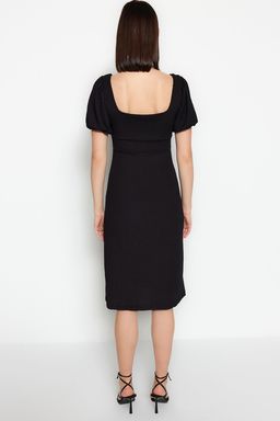 TRENDYOLMILLA Siyah Kare Yaka Balon Kol A-Line Y?rtmac Detayl? Burumcuk/Dokulu Midi Orme Elbise TWOSS23EL01533  фото 6