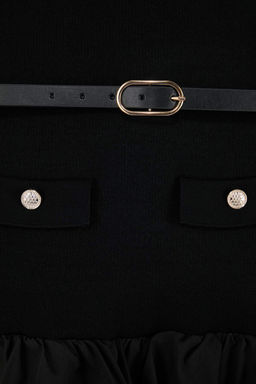 Siyah Duz K?sa / Mini Bisiklet Yaka Mini Balon Etek Garni Detayl? Triko Elbise TWOSS26EL00168 - Trendyolmilla фото 6