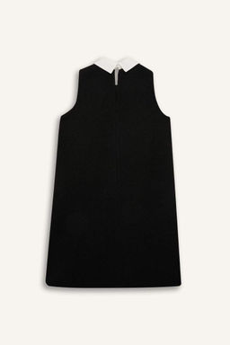 Трапеция с рубашечным воротником Базовое прямое твидовое мини-черное платье без рукавов - Defacto фото 3