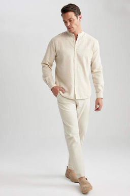 Рубашка из смесового льна с длинным рукавом и воротником Modern Fit - Defacto фото 5