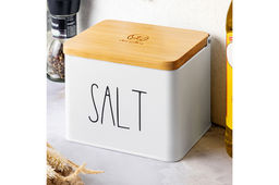 Емкость для хранения 1,5 л 14*11*11 см SALT с деревянной крышкой, белая