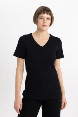 Slim Fit Dar Kesim V Yaka Ribana Basic Duz %100 Pamuk K?sa Kollu Tisort