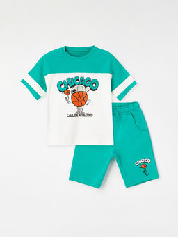 Bisiklet Yaka K?sa Kollu Bask?l? Erkek Bebek Ti??rt ve ?ort 2li Tak?m