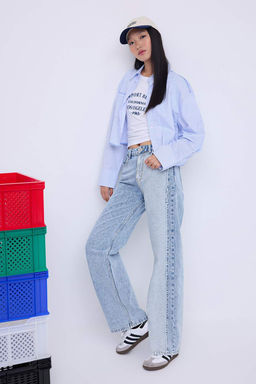 Teen Mavi Renk Bloklu Yuksek Bel Genis Paca Wide Leg Jeans TWOAW26JE00013 - Trendyolmilla фото 2